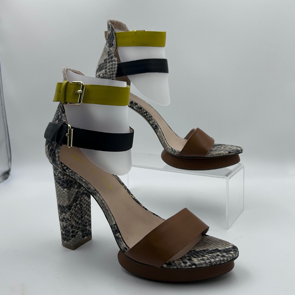 The Limited Python Platform Colorblock Heeled Ankle Strap Sandals 9 Brown Chic
